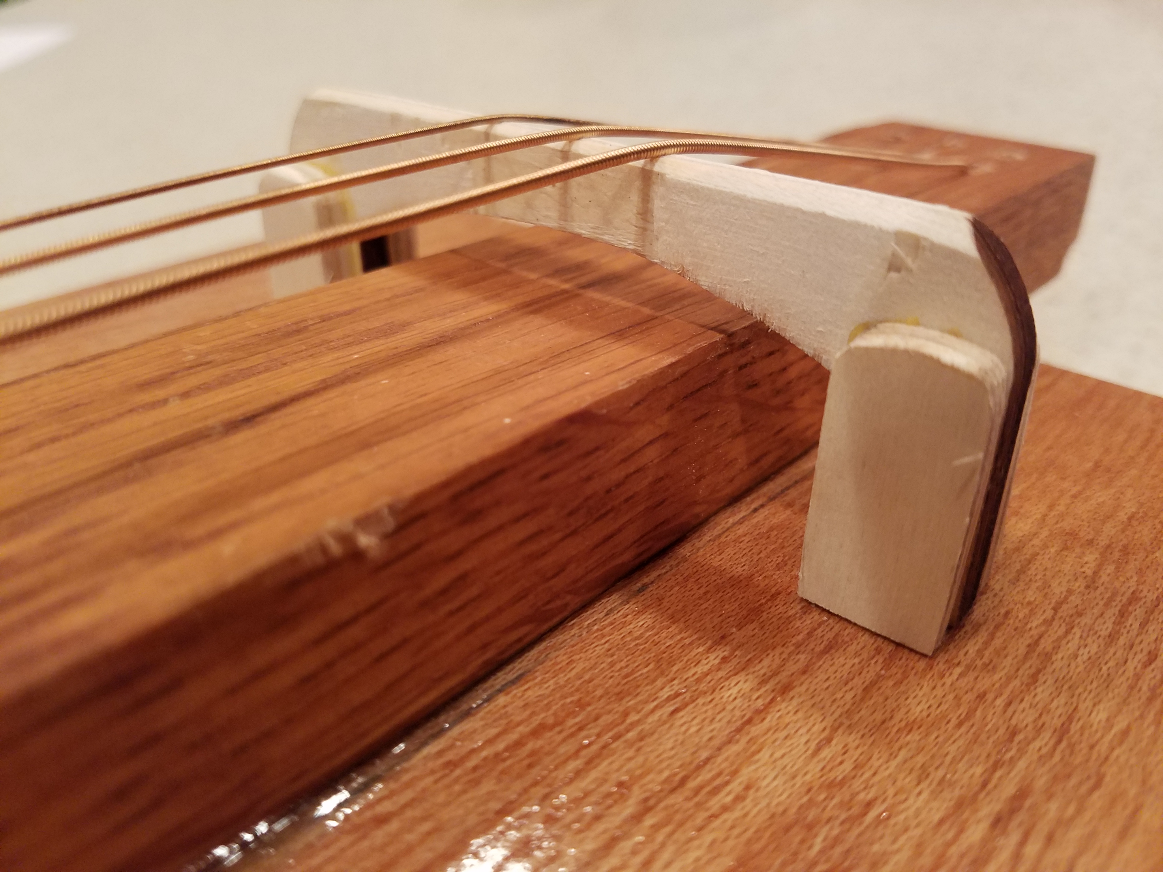At one point I tried to make a fancy bridge that would transfer the string vibrations directly to the box…