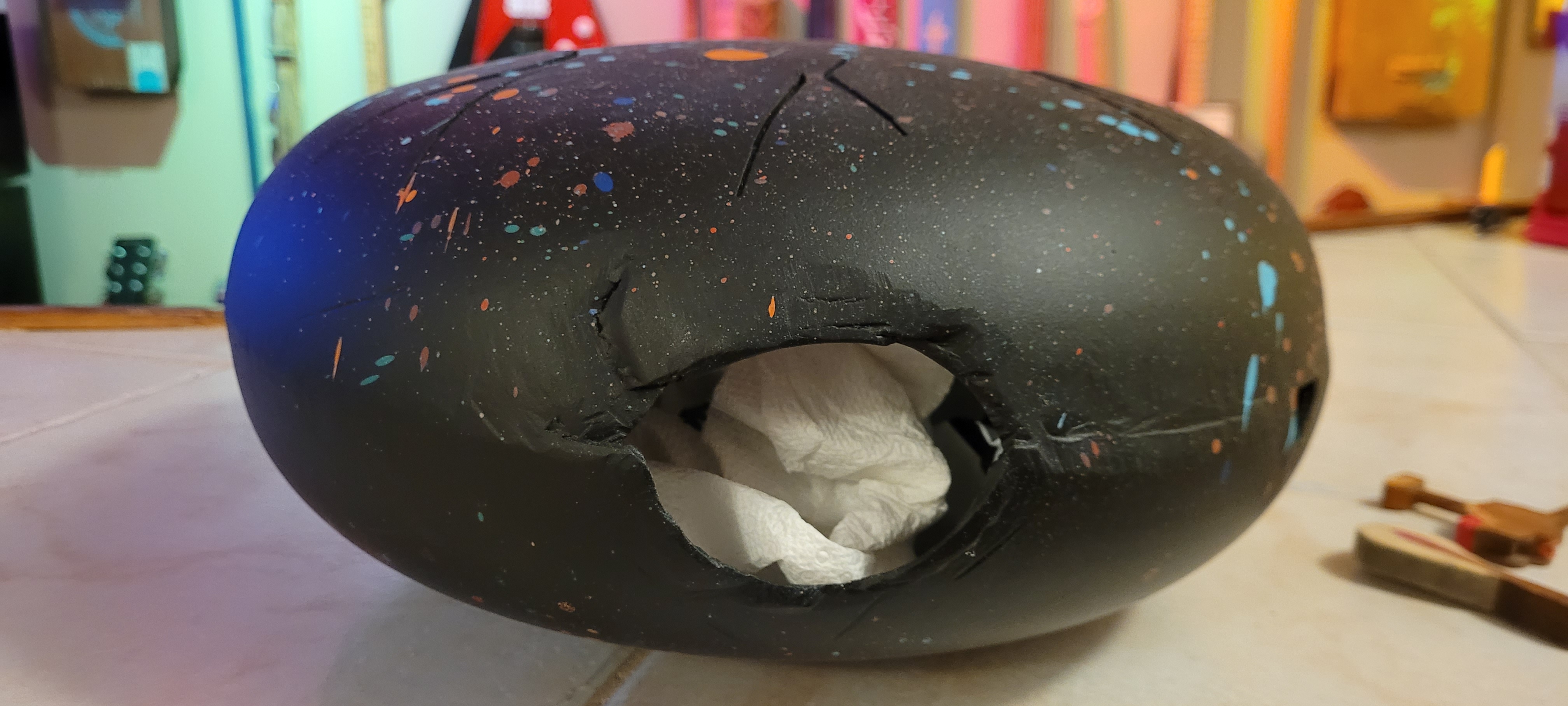 Stuffed with paper towels to dull the metallic sound